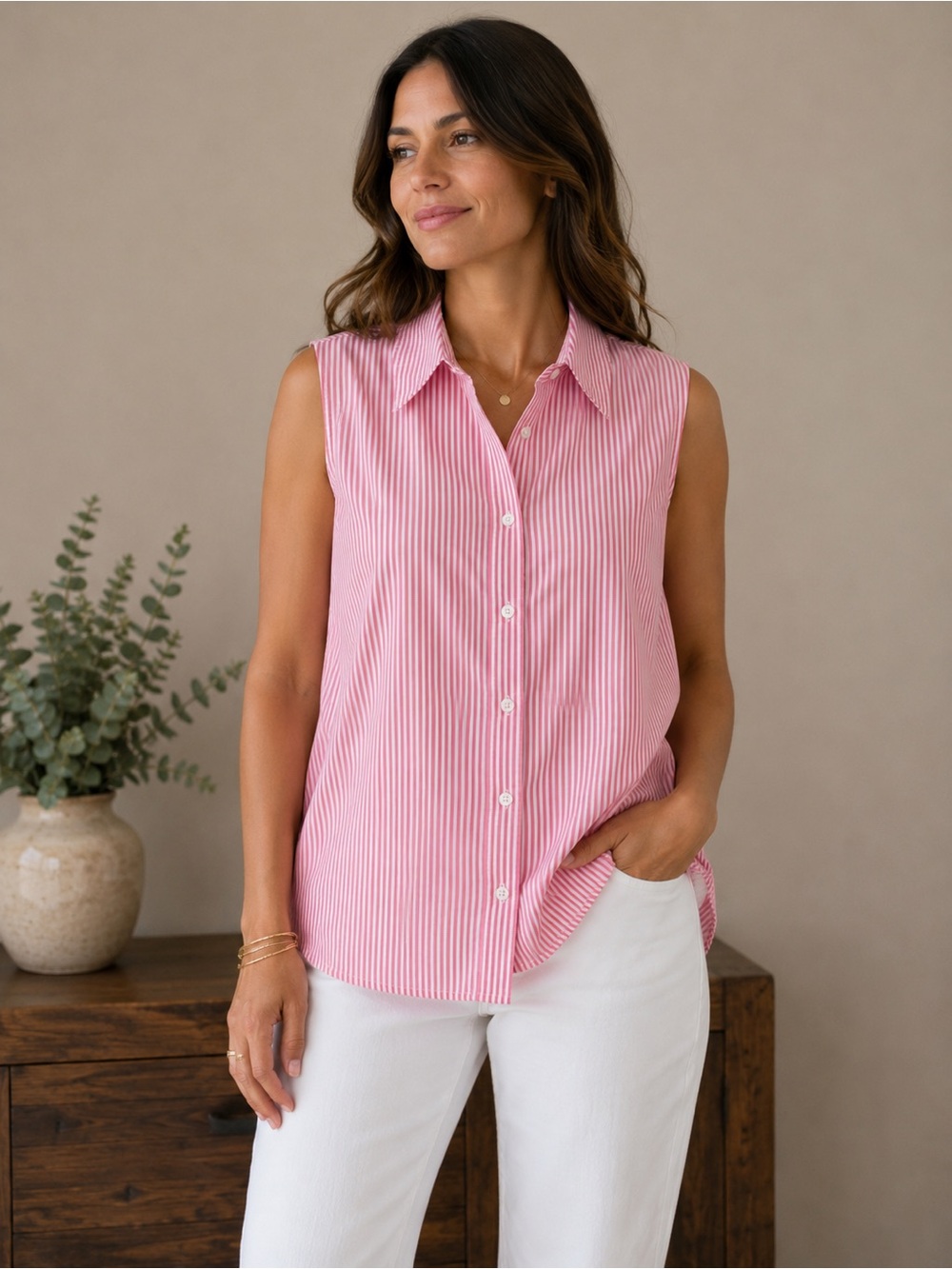 Women’s CJ.Banks Sleeveless classic button-down shirt stripe Pink/White Size XL